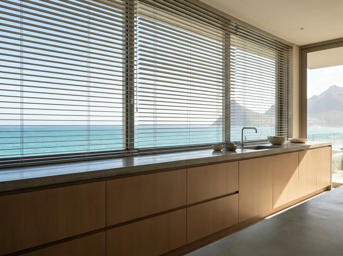 Aluminium venetian blind with narrow slats over a sea-facing kitchen window in Fresnaye