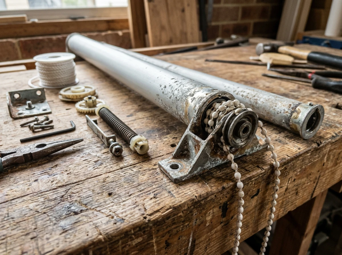 Roller blind tube, brackets and chain laid out for a repair visit, Fresnaye