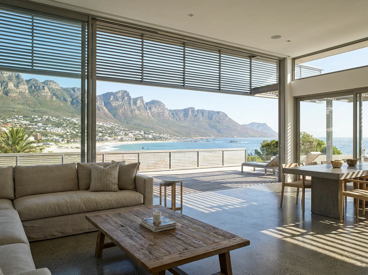 Open-plan living space in a glass-fronted Camps Bay villa with external venetian shading and the Twelve Apostles beyond
