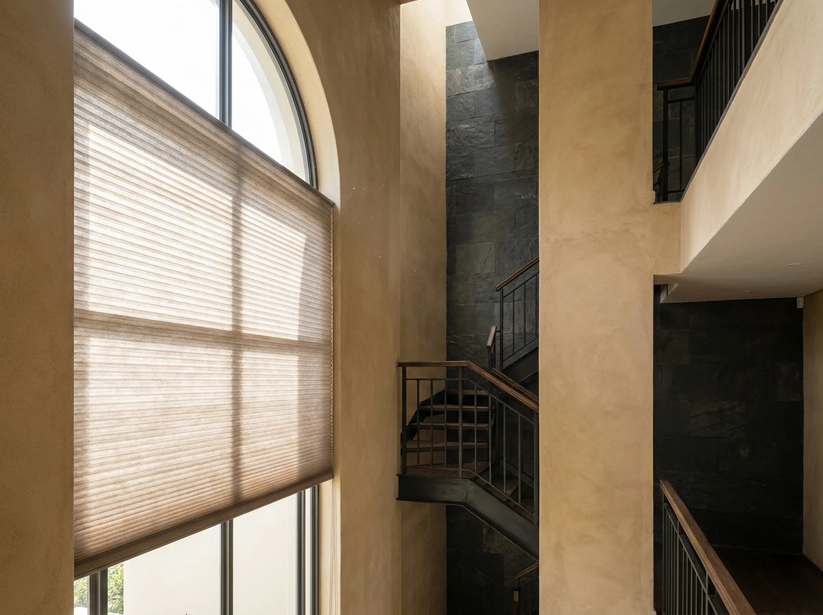 Cellular honeycomb fabric blind partially lowered on a tall stairwell window in a Fresnaye villa