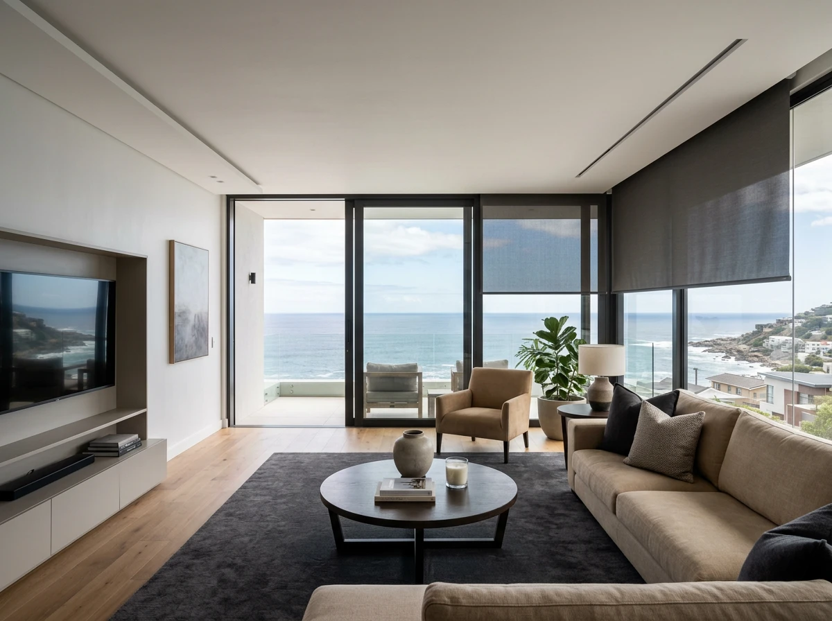 Fabric blind emerging from a concealed ceiling recess in a newly built Fresnaye living room