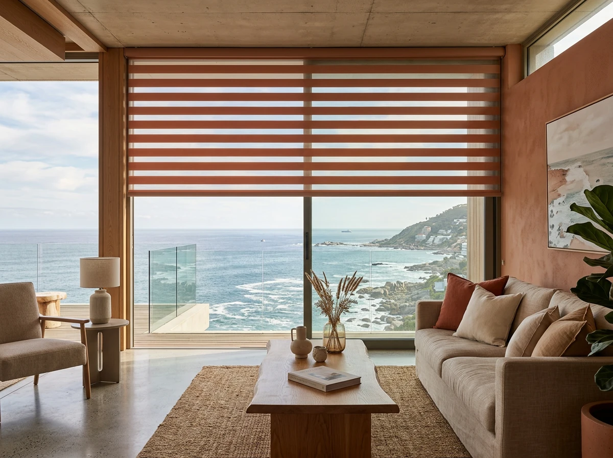 Day-night zebra blind with alternating sheer and solid bands in a Fresnaye living room facing the Atlantic