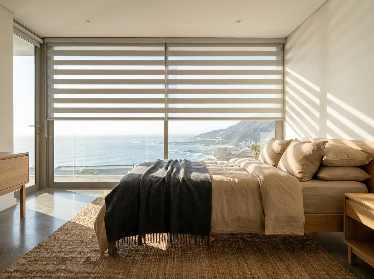 Day-night zebra blind with alternating sheer and solid bands in a Fresnaye bedroom facing the Atlantic