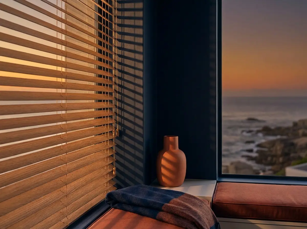 Close-up of timber venetian blind slats catching the last light beside a terracotta vase, rocky Atlantic coastline beyond, in a Fresnaye home