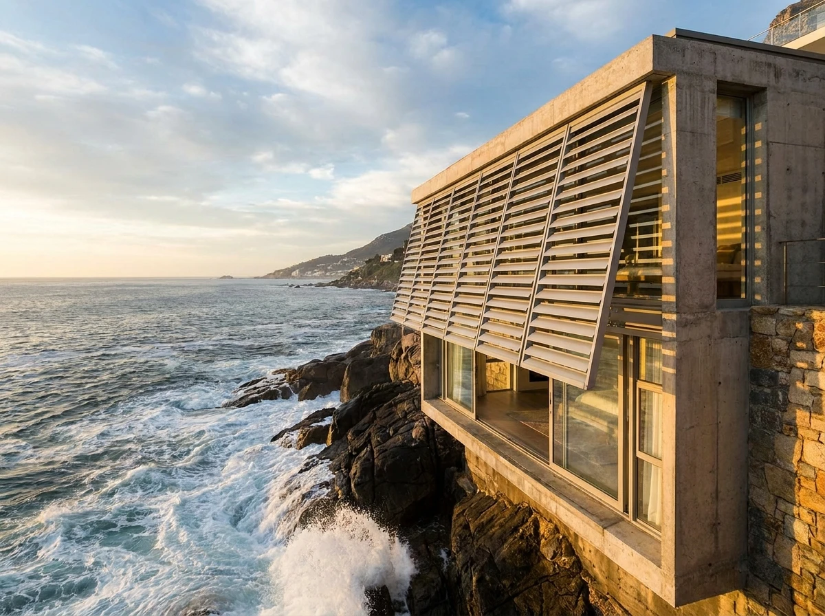 Aluminium external venetian blind angled open on a cliffside Bantry Bay facade above the breaking swell