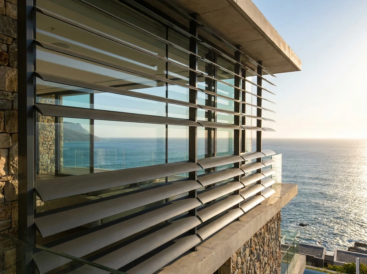 Aluminium external venetian slats mounted outside a Fresnaye villa's glass wall above the Atlantic