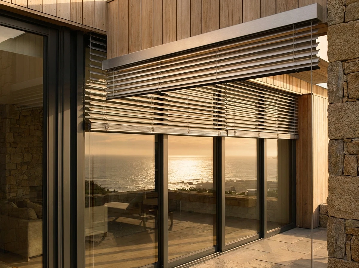 Wide aluminium external venetian slats above timber-clad sliding doors in Fresnaye at sunset
