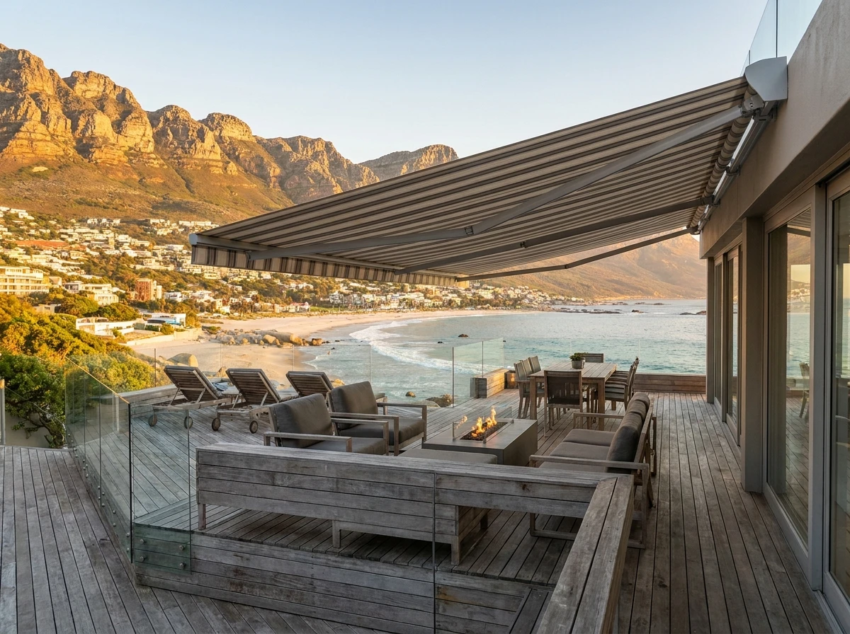 Folding-arm awning extended over a Camps Bay terrace lounge with the beach and mountains at sundown