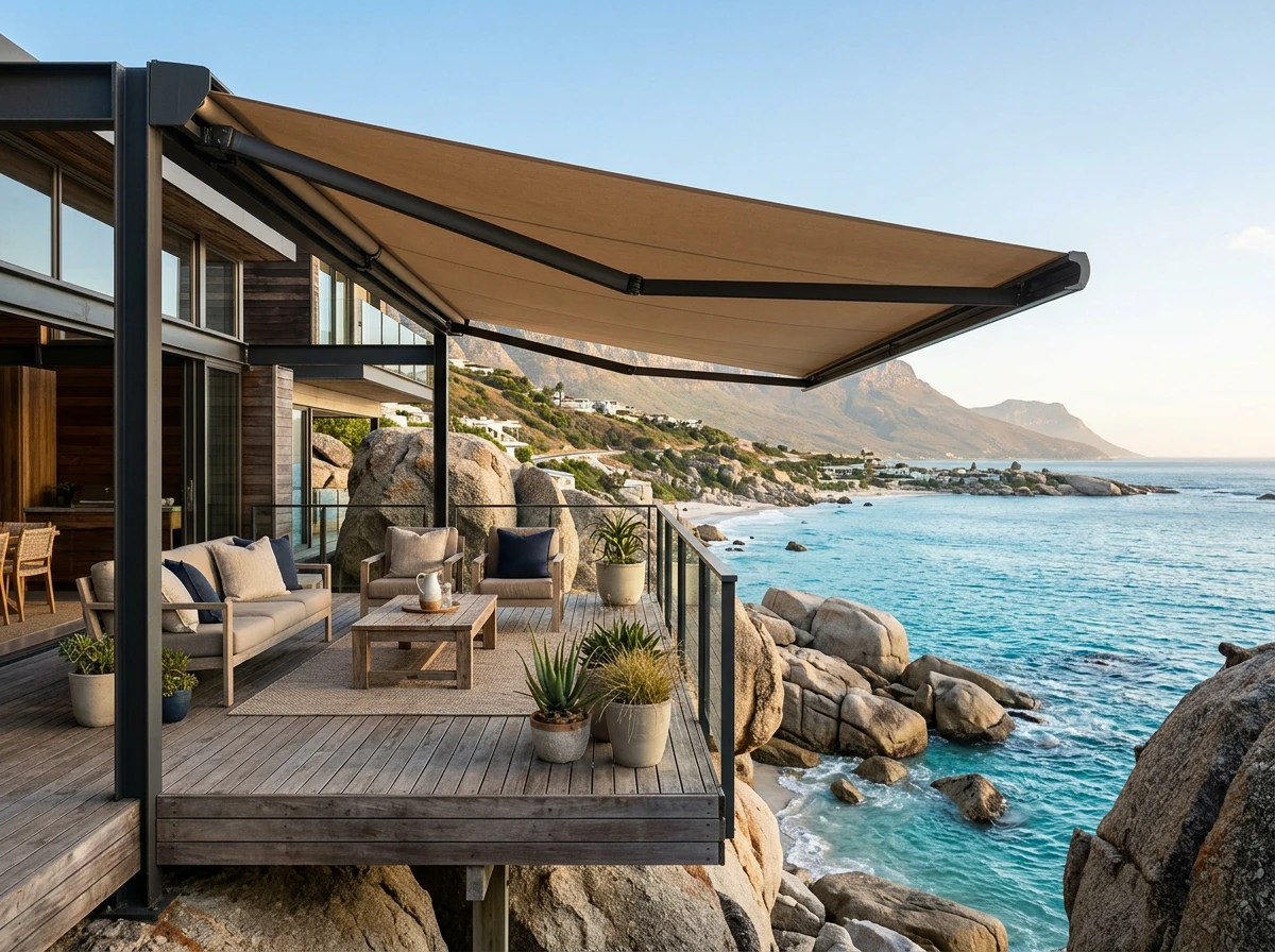 Folding-arm awning shading a small Clifton deck with a dining table, boulders and ocean beyond