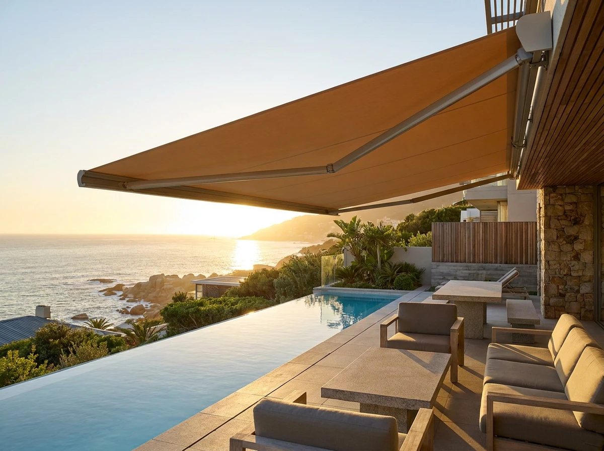 Retractable folding-arm awning extended over a Fresnaye pool terrace at sundowner hour