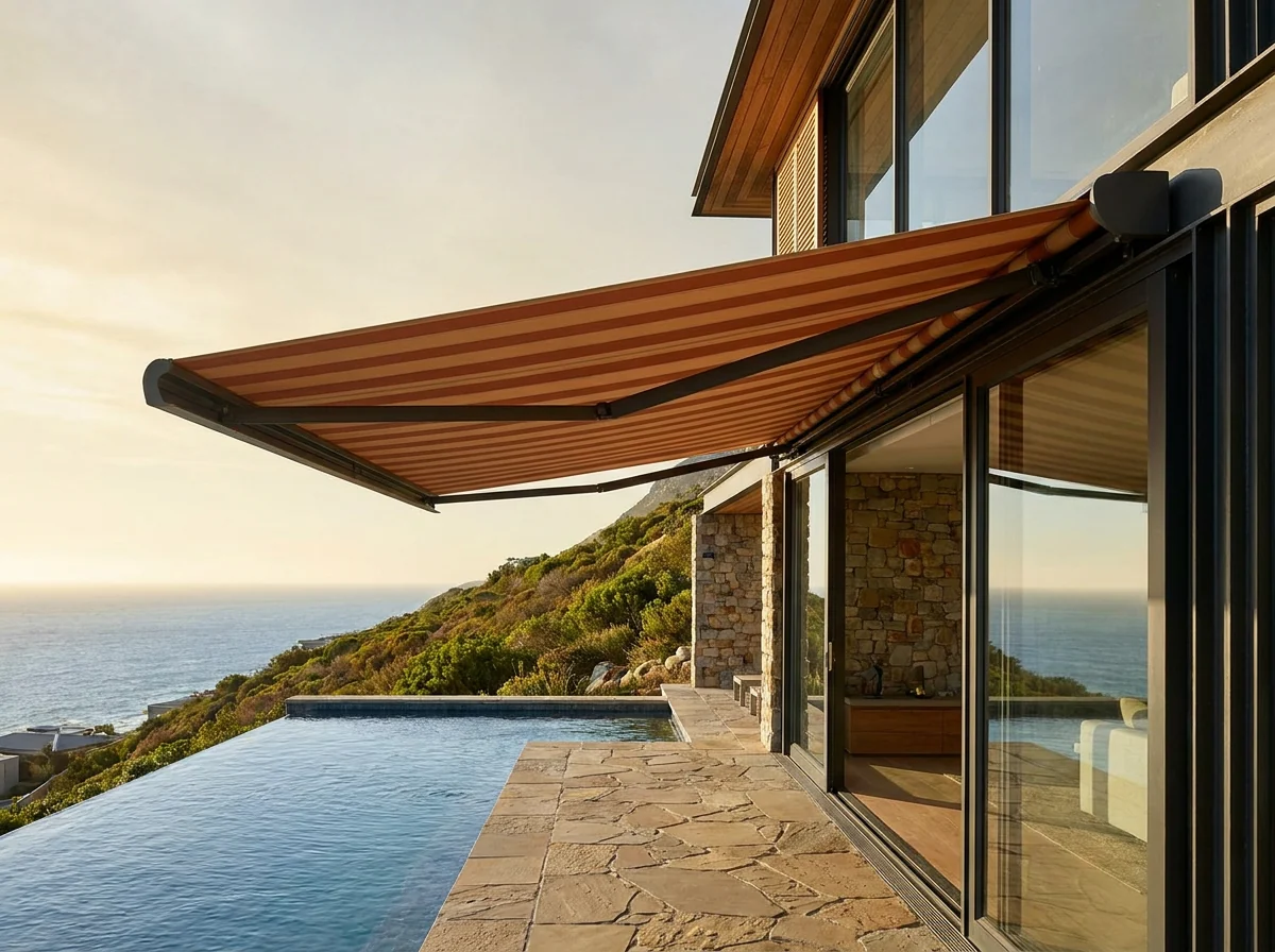 Retractable folding-arm awning shading a pool terrace on a Fresnaye villa, Cape Town