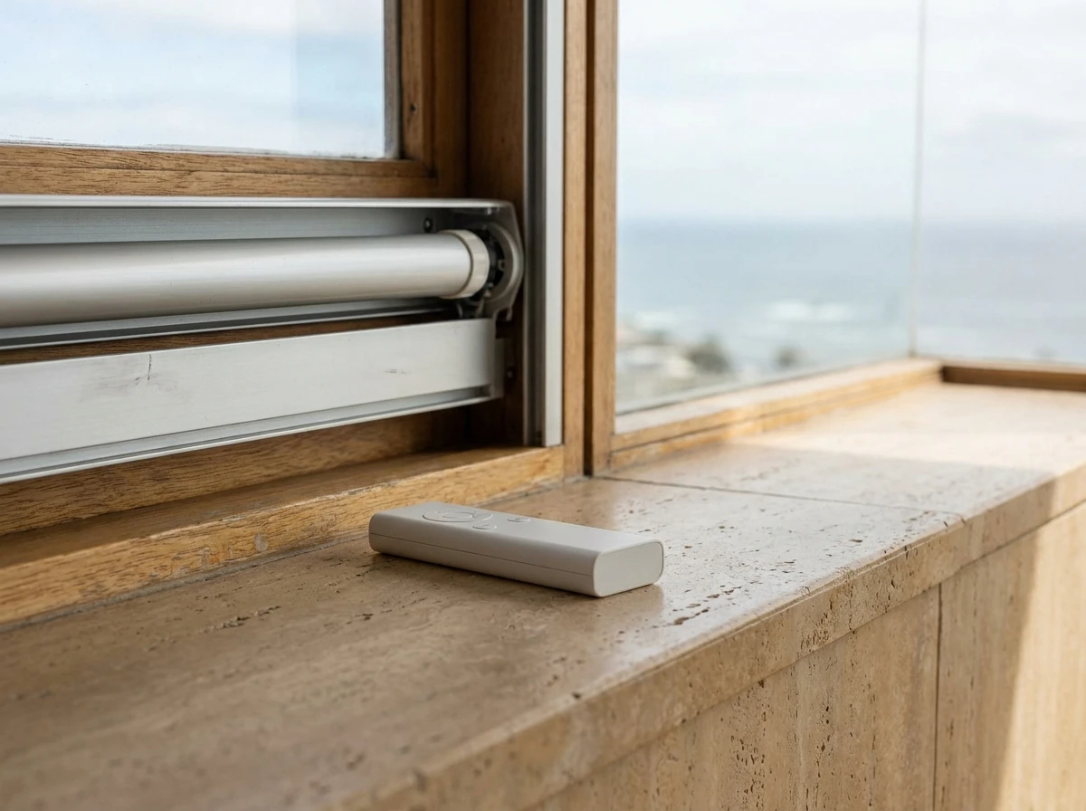 Slim remote control beside a motorised roller blind tube at a Fresnaye window with a sea view