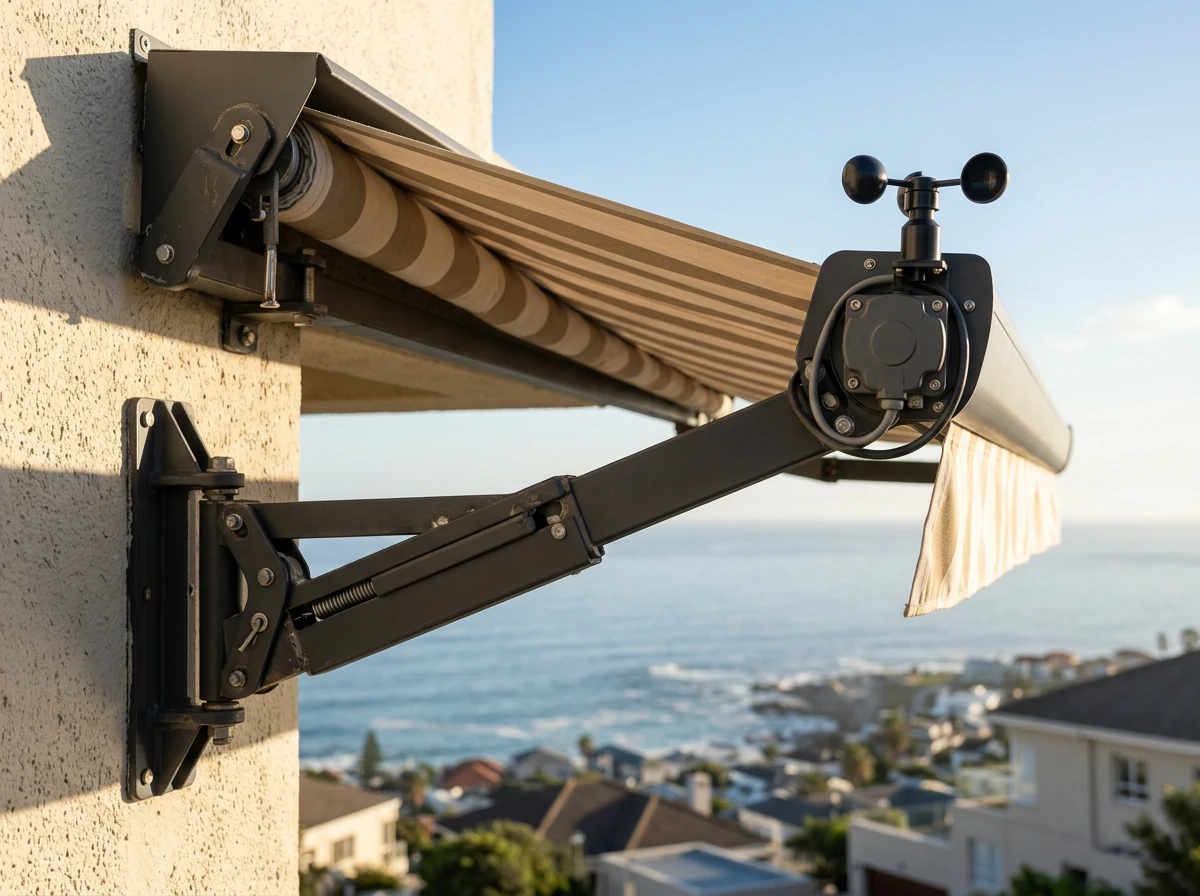 Awning arm with a wind sensor mounted on a Fresnaye facade above the coastline
