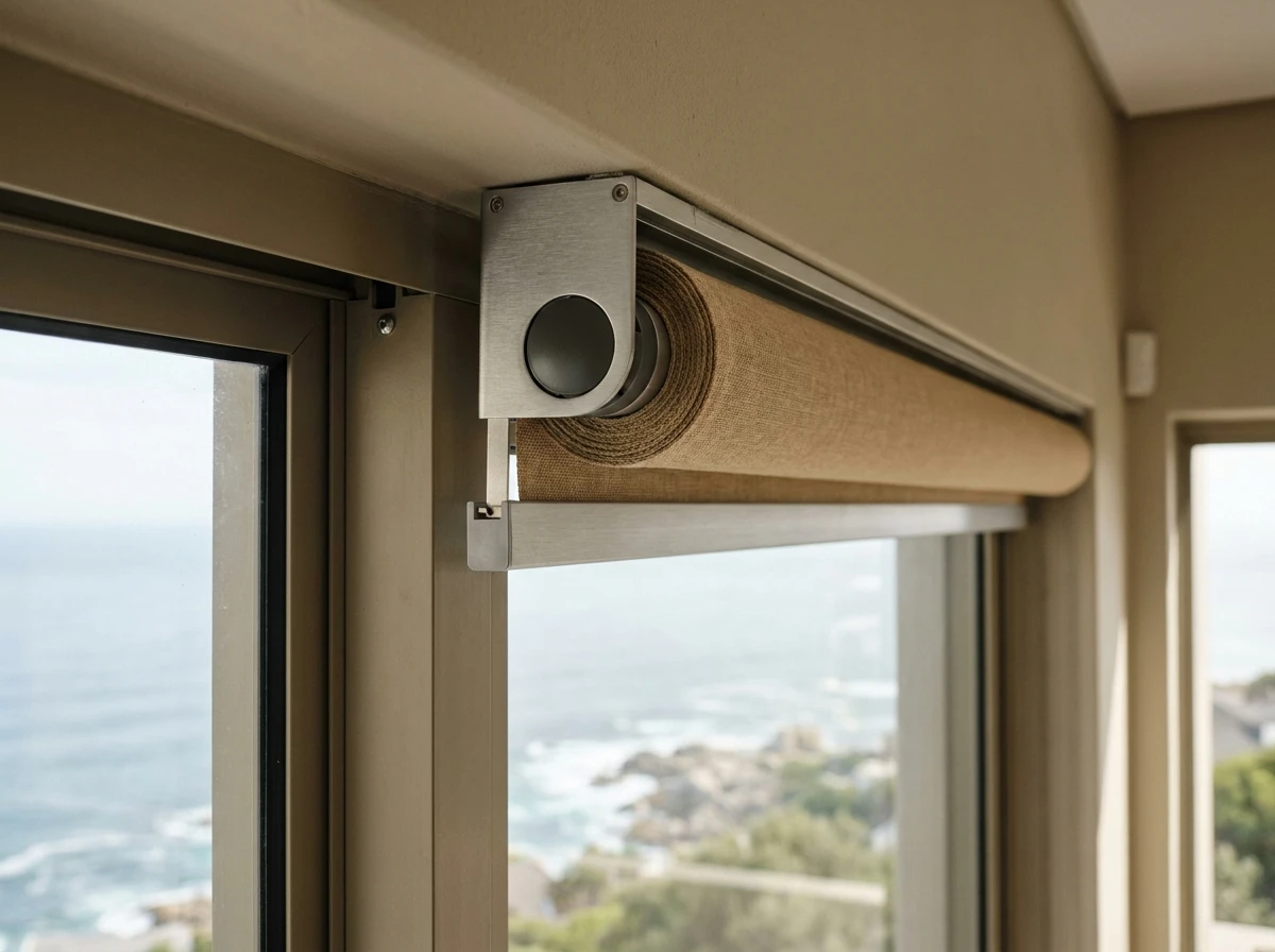 Motorised roller blind tube mounted at the ceiling in a Fresnaye room with a sea view