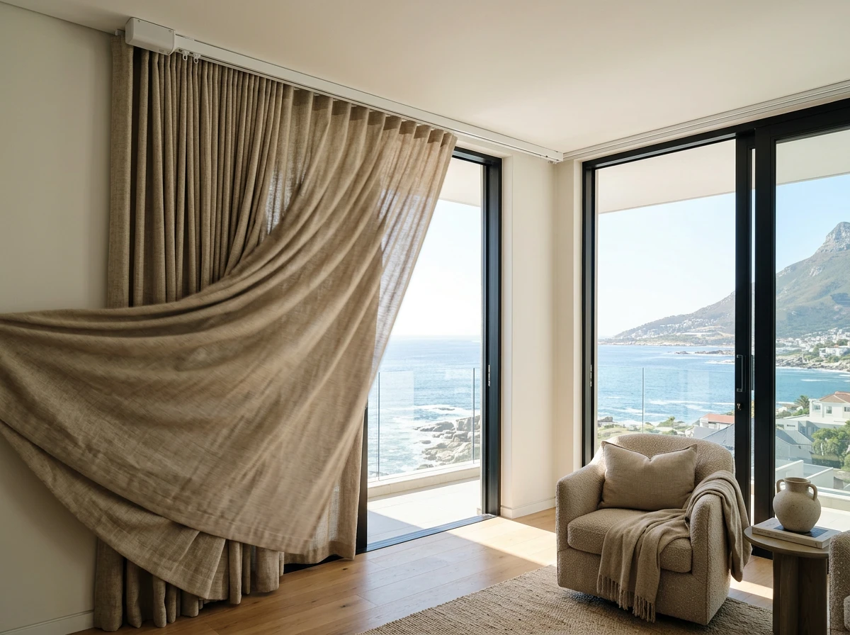 Heavy linen curtain on a motorised track beside glass doors in a Fresnaye living room, Atlantic beyond
