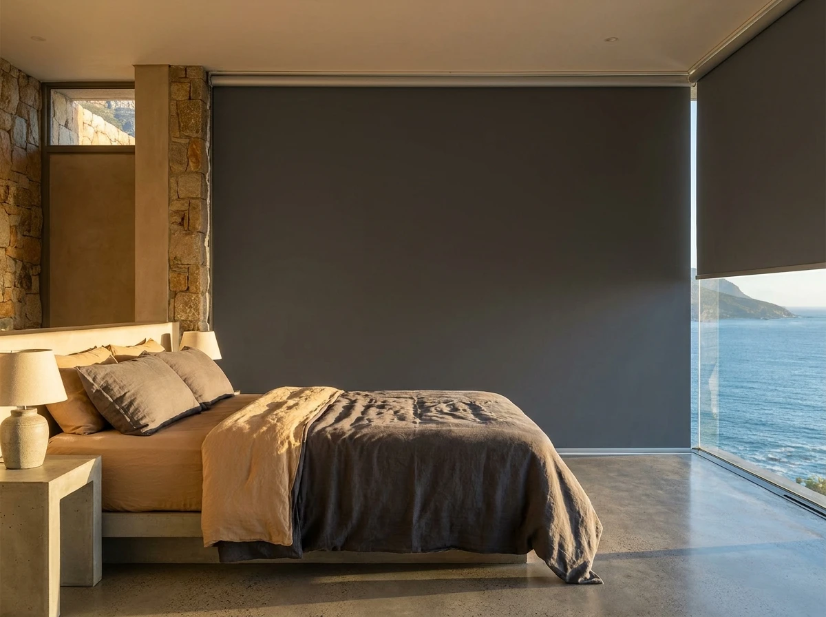 Blockout roller blind lowered flat over a west-facing bedroom window in a Fresnaye terraced villa
