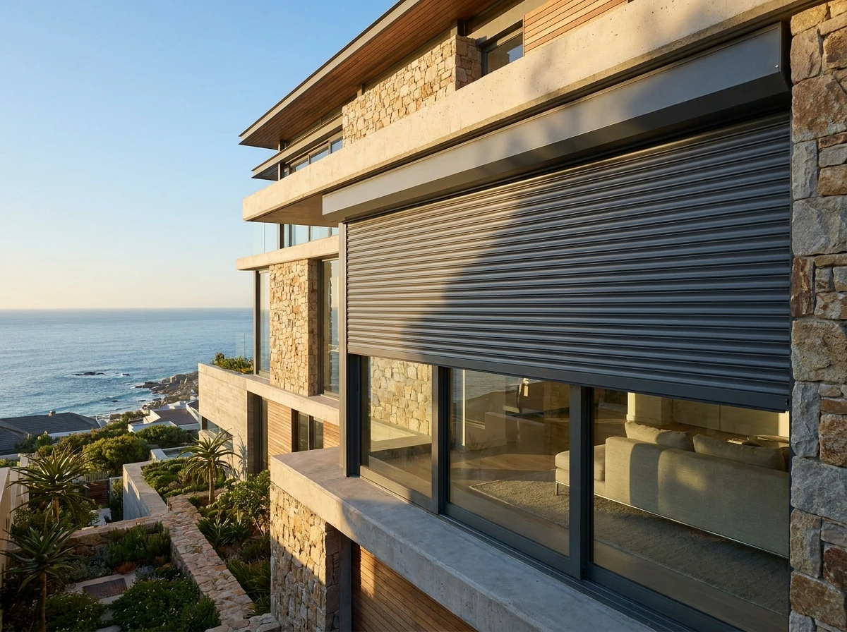 Aluminium roller shading shutter partway down over a window on a Fresnaye home above the Atlantic