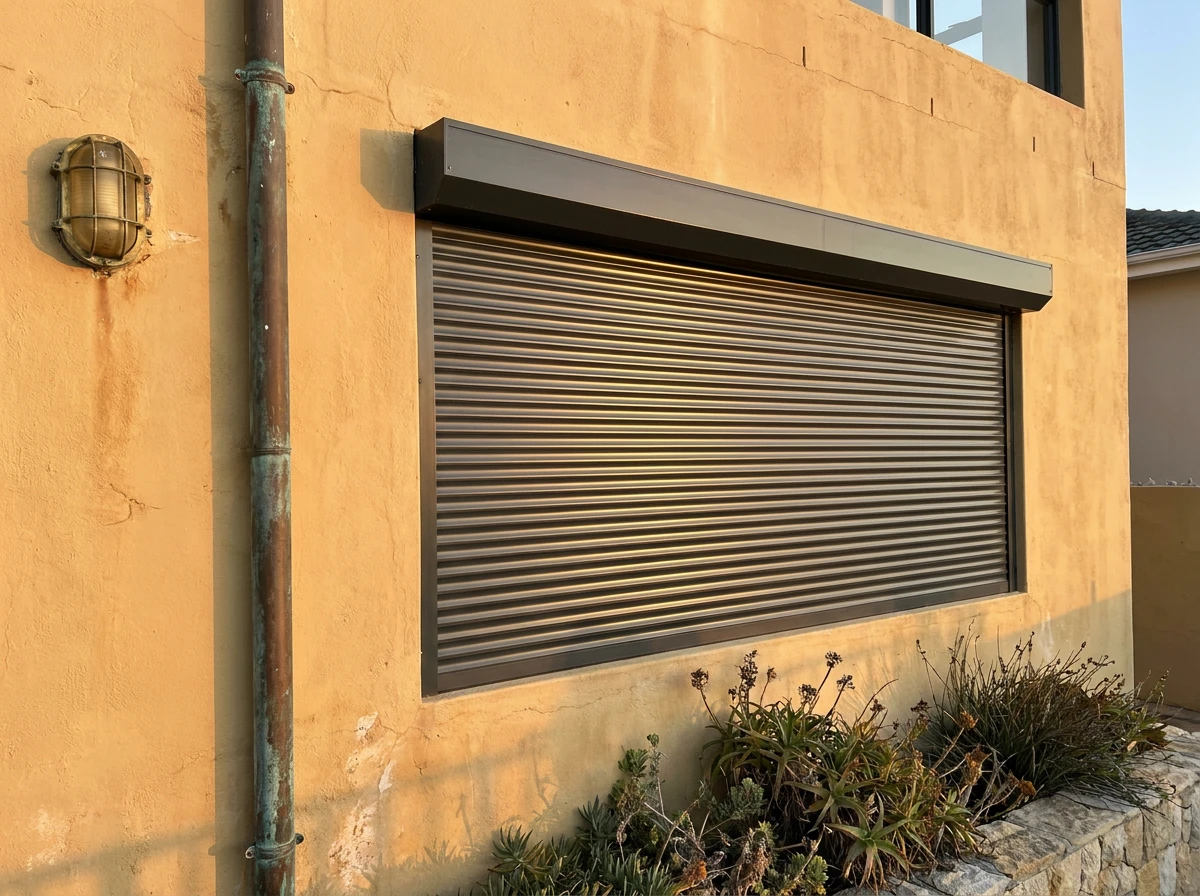Aluminium roller shading shutter partway down over a window on a Fresnaye facade
