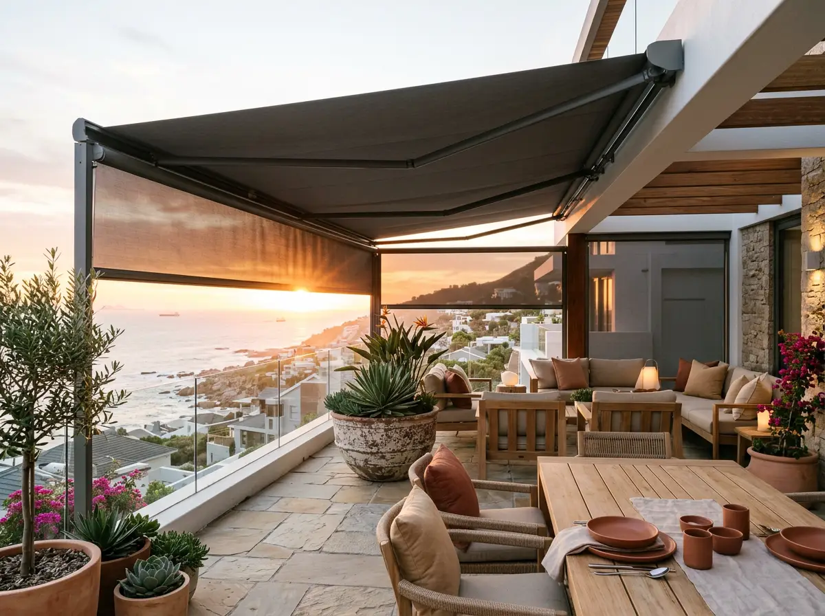 Terrace dining and lounge area shaded by an extended folding-arm awning at sunset in Fresnaye, Cape Town