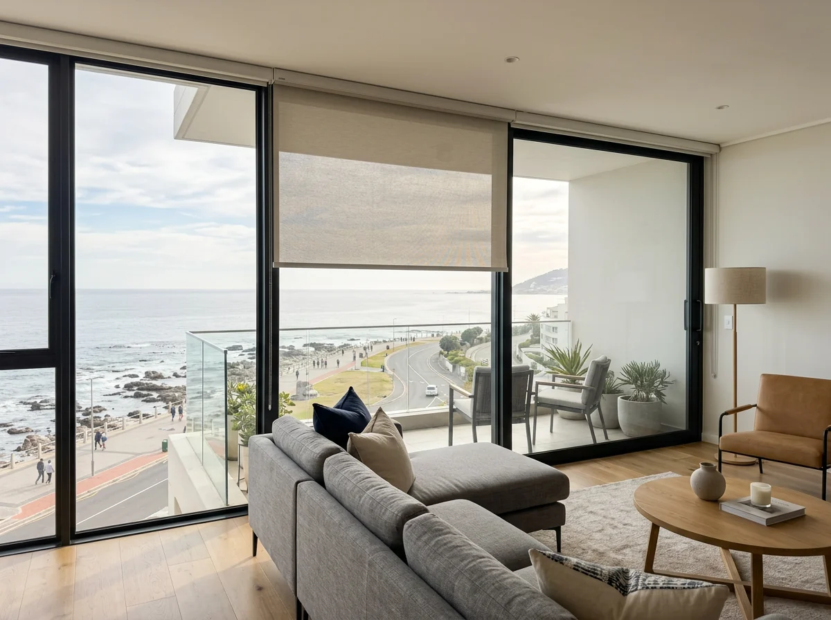 Sea Point promenade apartment interior with a sunscreen roller blind and Atlantic horizon view