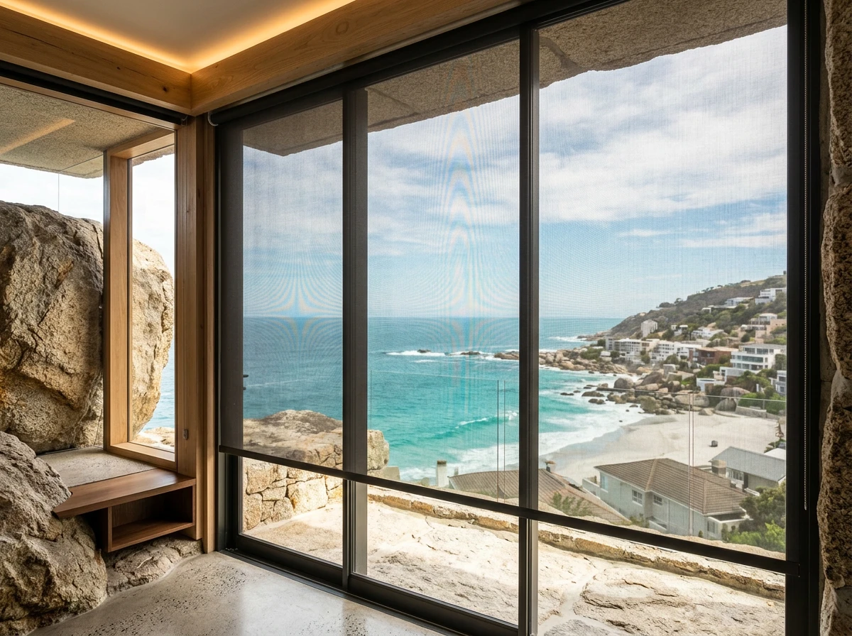 Roller blind lowered over a Clifton bedroom window, with the beach path visible through the glass door