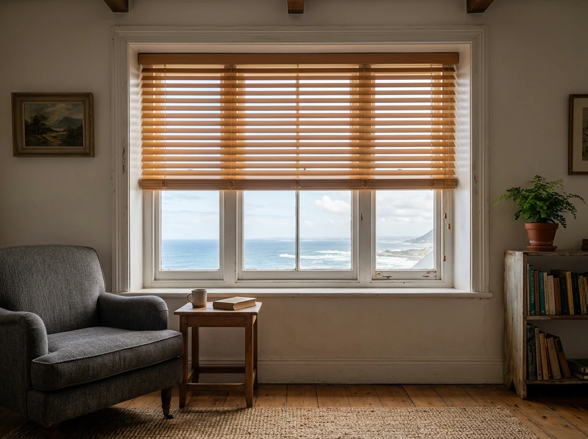 50mm timber venetian blind with tilted slats in an older cottage-era Fresnaye room