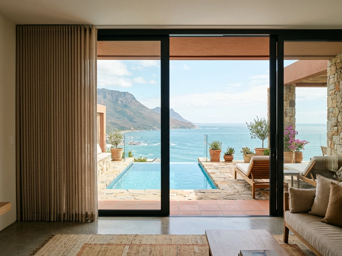 Fabric vertical blinds with vanes stacked beside a sliding door onto a Fresnaye pool terrace