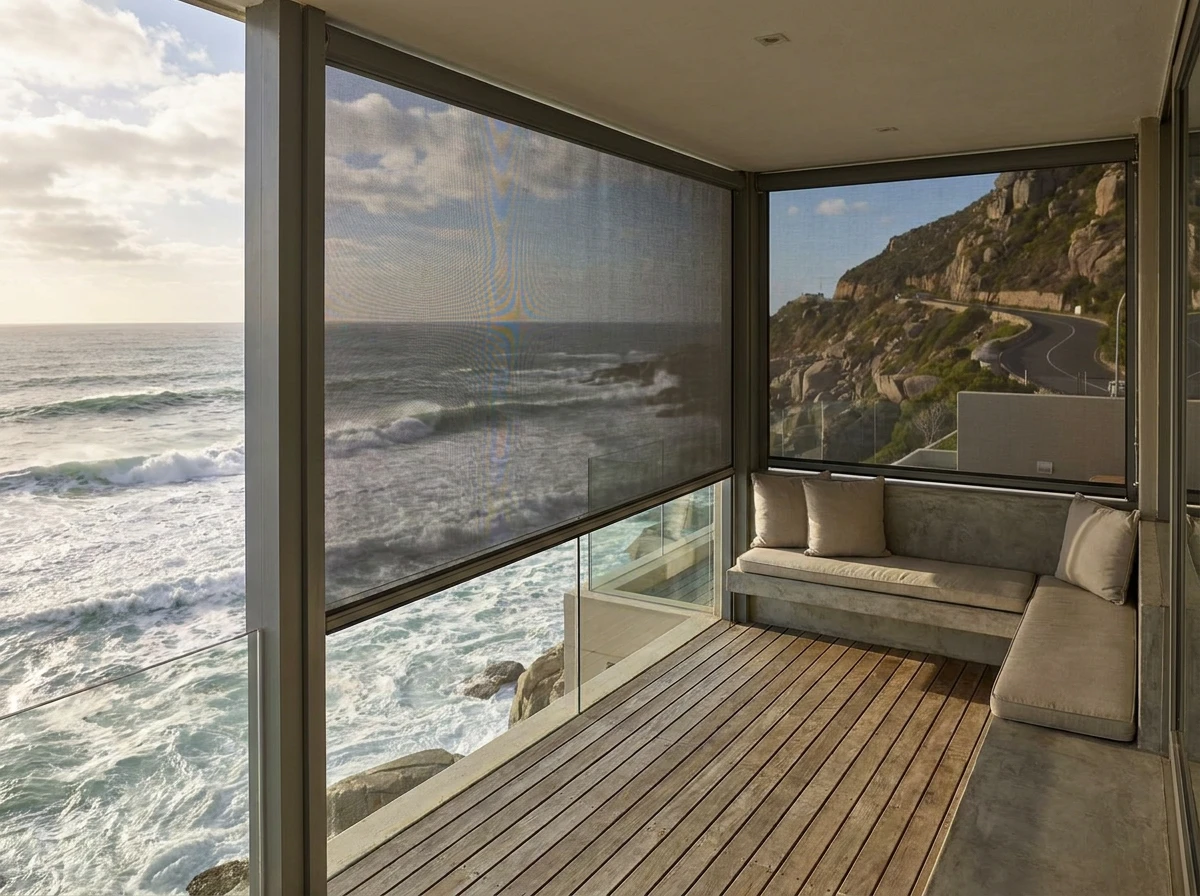 Zip screen mesh tensioned in side channels on an exposed Bantry Bay balcony above Kloof Road