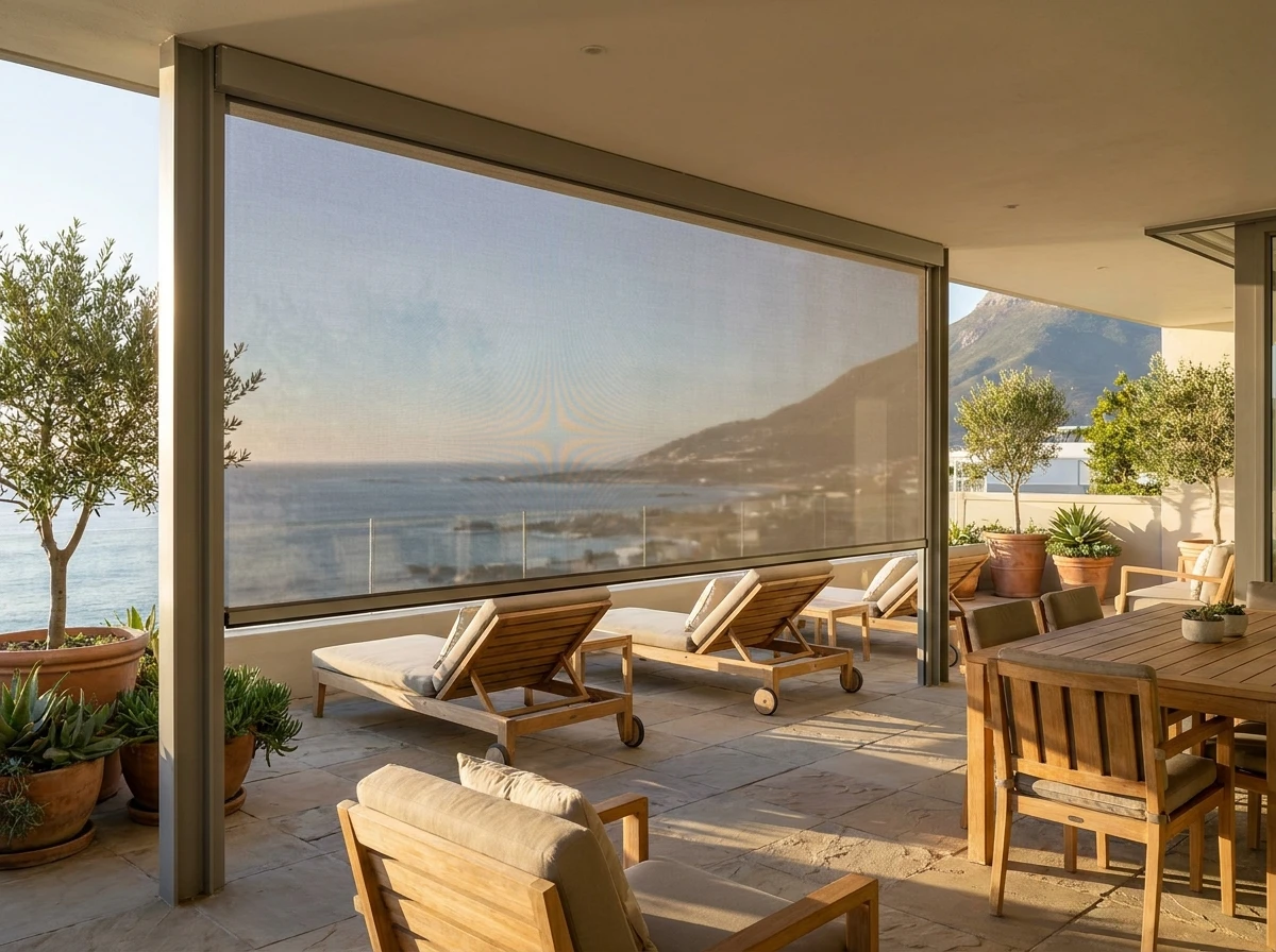 Zip screen mesh tensioned in aluminium side channels on a Fresnaye terrace against the wind