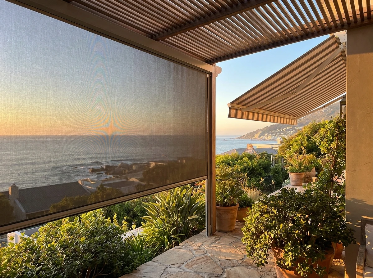 Zip screen mesh beside a folding-arm awning on a Fresnaye terrace at sunset